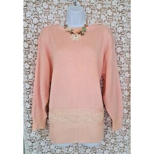 Leslie Fay Sweater Size L Peach Knit Detail Boat Neck Pullover Union Made Vtg